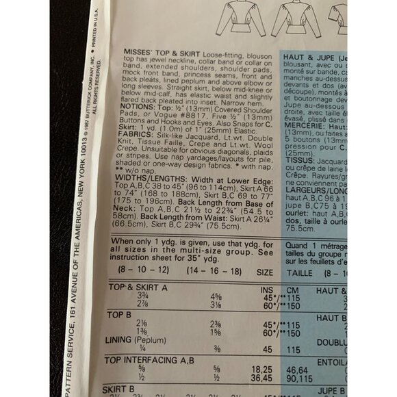Vogue Misses Top Skirt Sewing Pattern 7011 Sz 8 - 12 - Uncut - Picture 6 of 9
